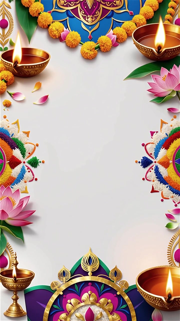 Sfondo Diwali con Diyas luminosi, Rangoli e fiori di loto