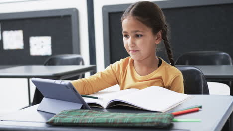 in a school setting, a young caucasian student is engaging with a tablet