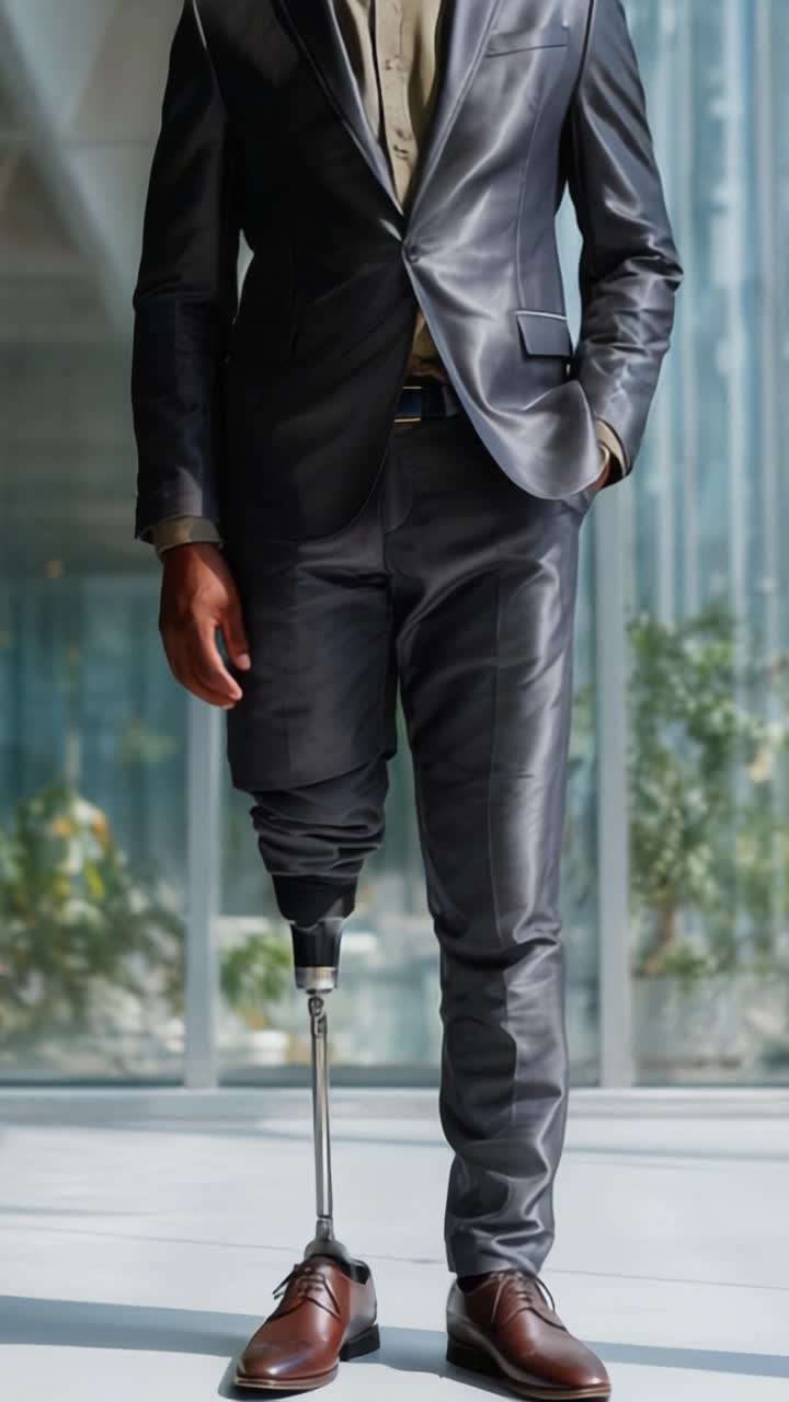 A professional man in a suit confidently walking with a prosthetic leg, showcasing resilience and determination in a modern, light-filled environment