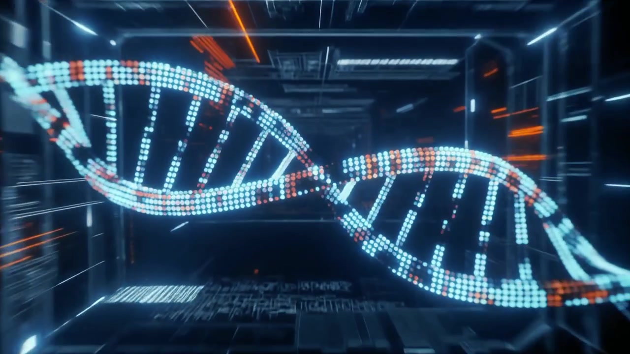 Digital DNA Helix Rotating in Futuristic Data Tunnel