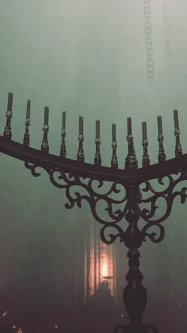 a spooky candelabra in a foggy castle