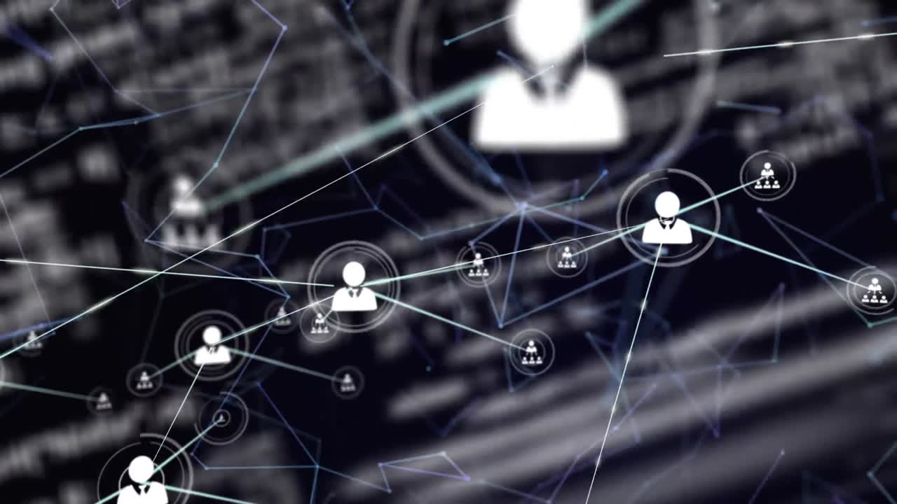 Animation of a network of connected people icons and information in white moving on black