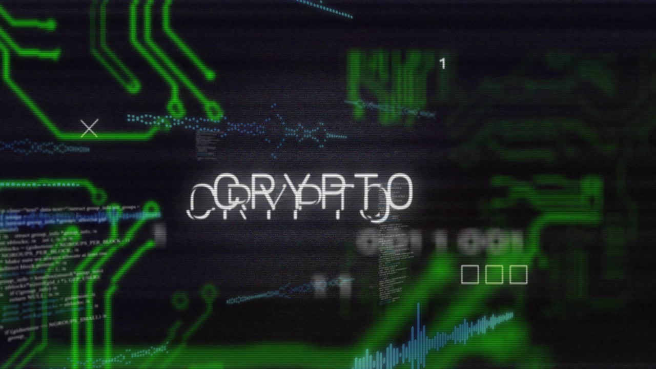 Animation of circuit board, crypto text and data processing over black background