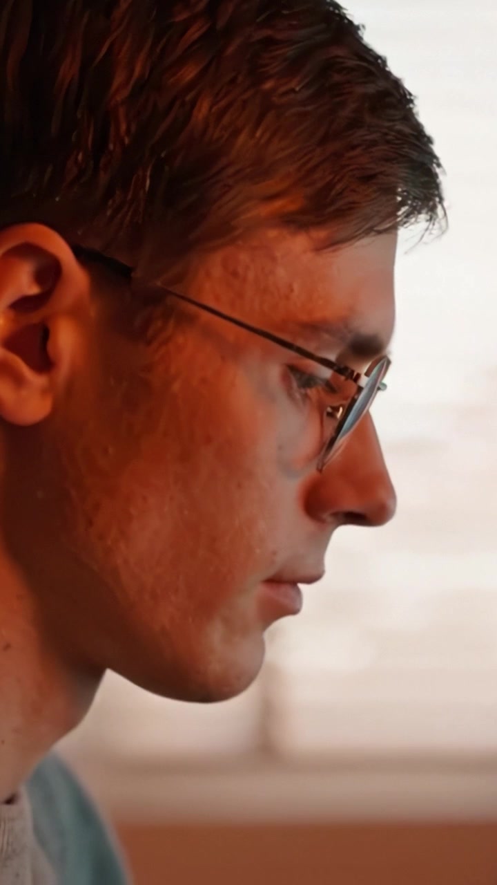 A profile view of a focused individual working at a computer, with warm light illuminating the scene, capturing concentration and deep engagement in tasks.