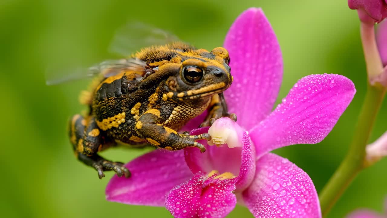 Frog on a pink orchid flower