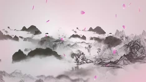 Mysterious-landscape-China's-traditional-Oriental-Digital-Art-animation,-Chinese-retro-painting-ink-misty-mountain-with-flowers,-tree,-birds,-river-in-fog-background