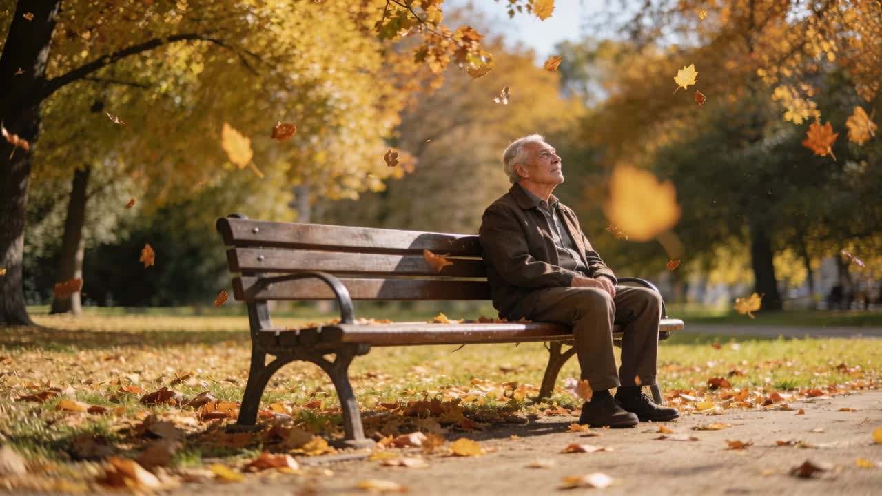 Sitting senior brown coat musing watching leaves falling by park bench, breeze stirring, copy space