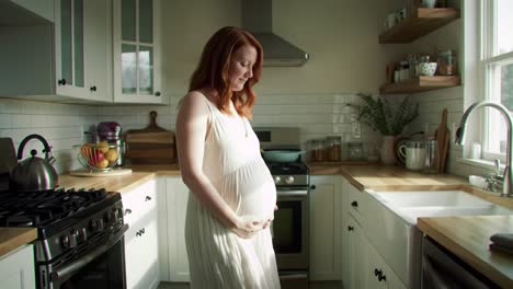 radiant expectation: a glimpse into the joyful journey of motherhood in a serene kitchen setting, illuminated by natural light and warmth