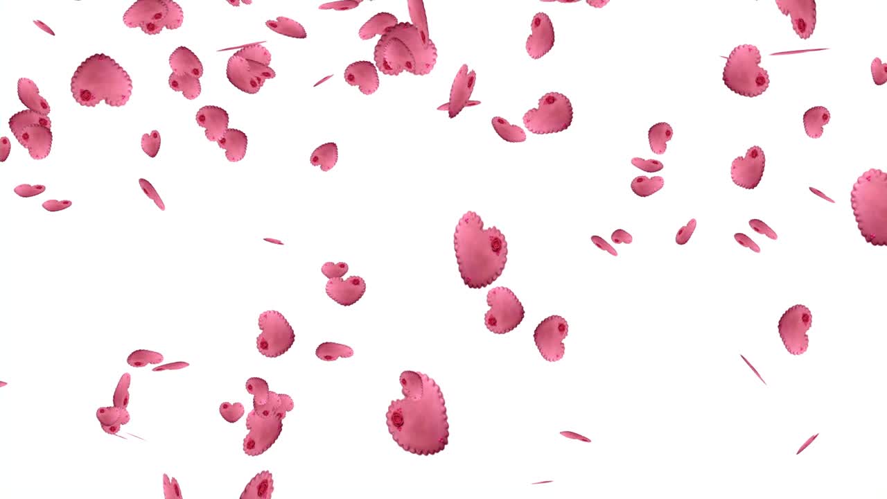 galletas rosadas en forma de corazón cayendo sobre el fondo blanco