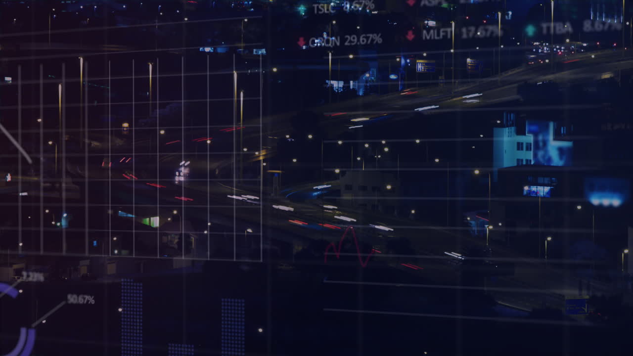 Animazione dell'elaborazione di dati finanziari su un paesaggio urbano