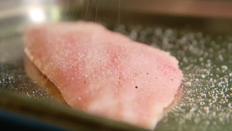 Chef-seasons-fresh-light-skinned-fish-fillet-from-red-snapper,-sprinkling-salt-to-taste-on-metal-pan
