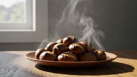 a mouthwatering plate of roasted chestnuts steaming fresh on a wooden surface, perfectly cracked and ready to enjoy for a cozy culinary experience