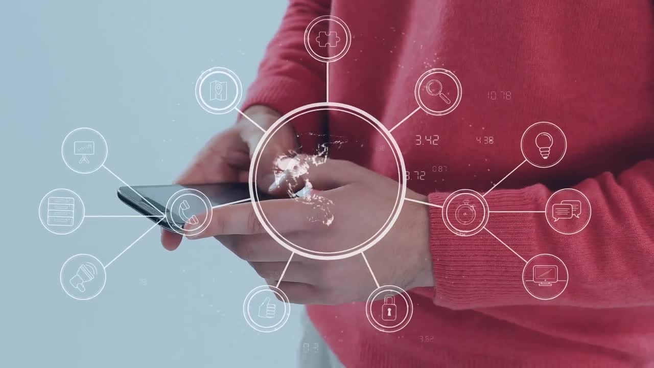 animación de la red de conexiones sobre el hombre utilizando el teléfono inteligente