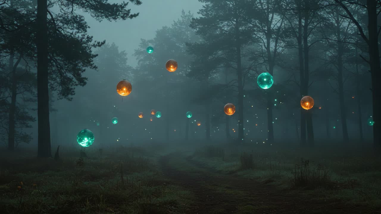 Mysterious Forest Orbs: Enigmatic Floating Spheres Illuminate a Foggy Woodland Path, Creating an Otherworldly Atmosphere of Magic and Intrigue