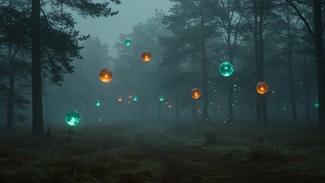 mysterious forest orbs: enigmatic floating spheres illuminate a foggy woodland path, creating an otherworldly atmosphere of magic and intrigue