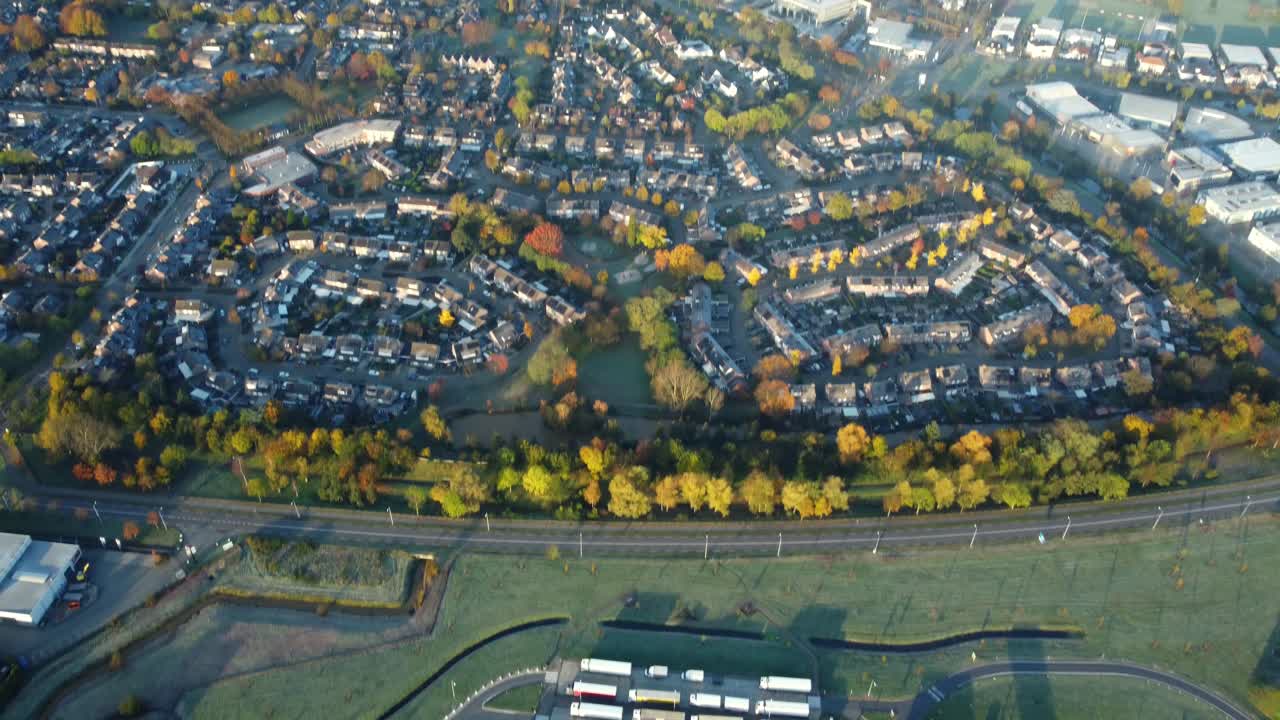 Aerial View of a Cityscape with Residential Areas and Roads