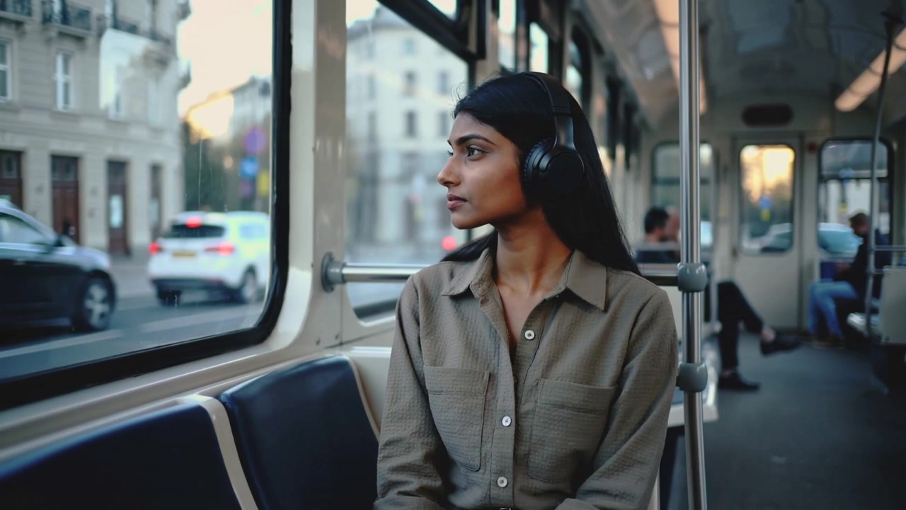 Glancing commuter turning head on tram passing shops, wearing khaki shirt and headphones