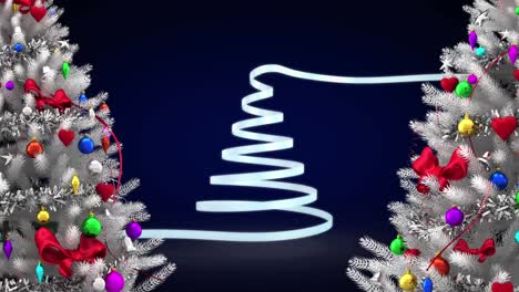 Animation-of-christmas-tree-formed-with-white-ribbon-on-blue-background