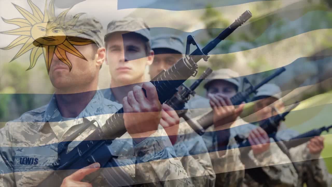 무기를 들고 있는 다양한 남성 군인 들 위 에 있는 아르헨티나  ⁇ 발 의 애니메이션