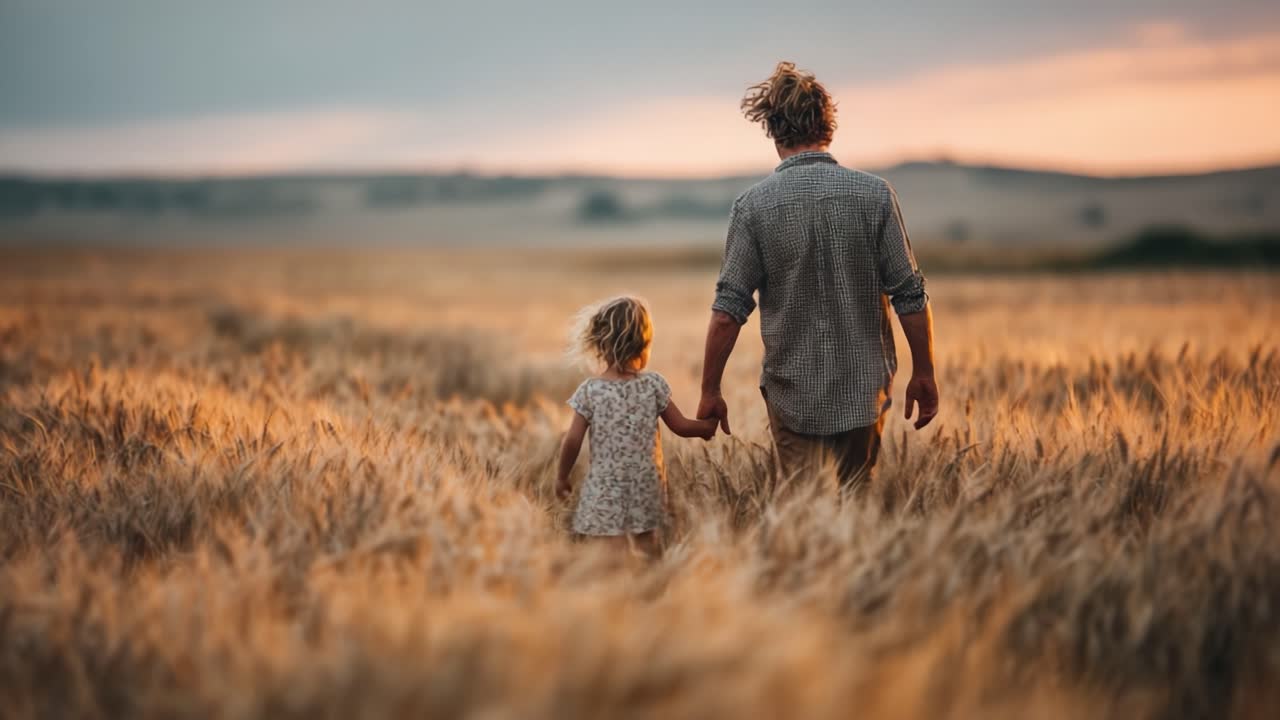 A Heartwarming Moment of Connection: A Parent and Child Stroll Through a Golden Wheat Field at Sunset, Capturing the Essence of Togetherness and Nature's Beauty