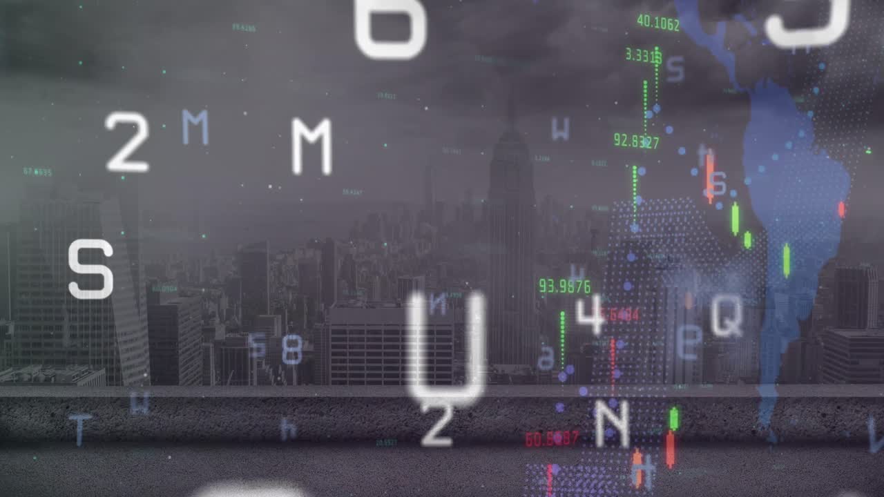 도시 풍경 위의 금융 데이터 처리 애니메이션