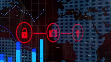 animation of network of digital icons and statistical data processing over world map