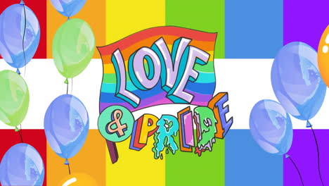 animación de amor y orgullo texto y globos en fondo arco iris