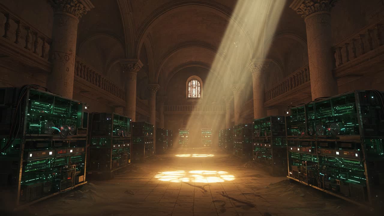 An ethereal scene of a dimly lit, vast hall filled with futuristic computing machinery, illuminated by mesmerizing rays of light streaming through ancient windows