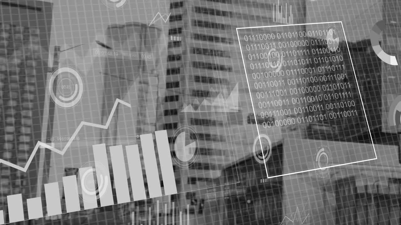 animación del procesamiento de datos financieros sobre el paisaje urbano