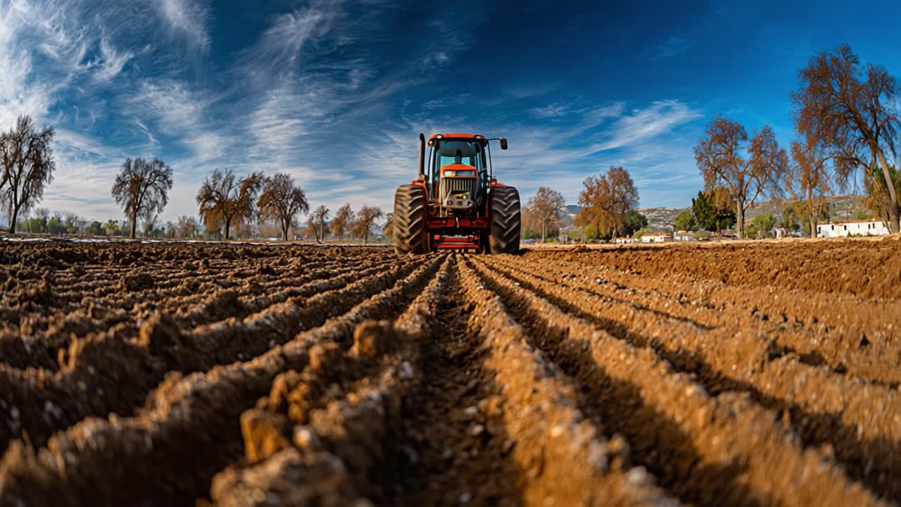 Un potente trattore attraversa un campo appena arato sotto un cielo azzurro, mettendo in mostra l'arte dell'agricoltura e la bellezza della natura in armonia.