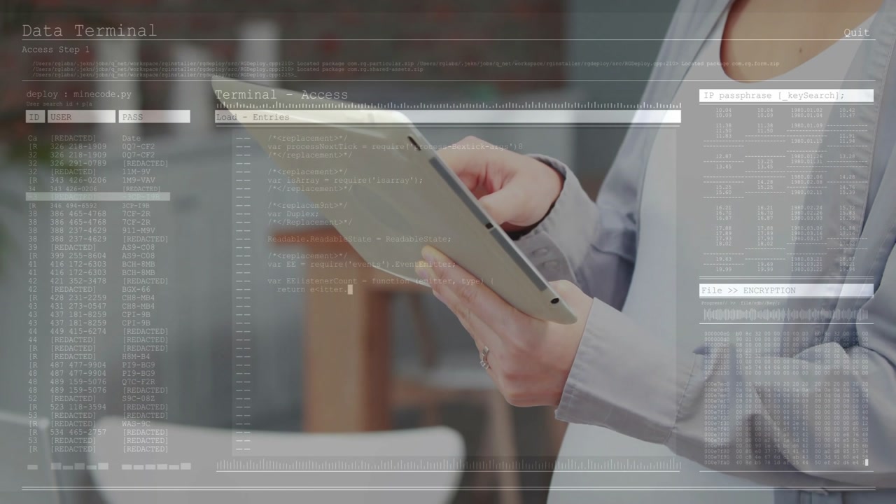 Male professional holding tablet in modern tech workspace, projecting encryption code overlays