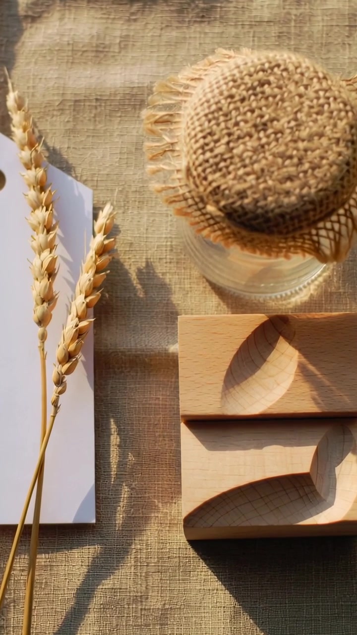 Video verticale: Telecamera in movimento e sole caldo che mostrano un barattolo, un coperchio di iuta, blocchi di legno e un'etichetta di grano su lino.