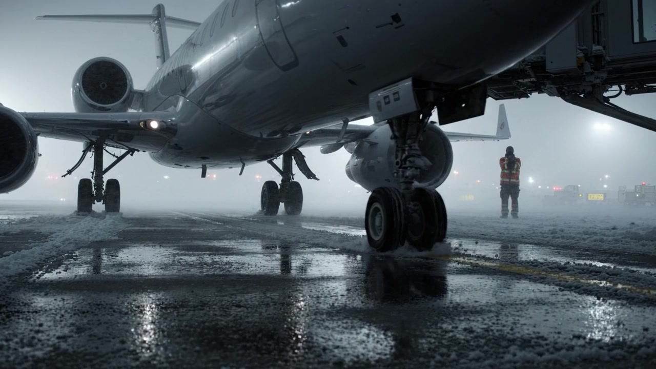 Une scène d'aéroport enneigée avec un avion au sol dans des conditions de brouillard, le personnel au sol se préparant aux opérations dans des conditions météorologiques difficiles.