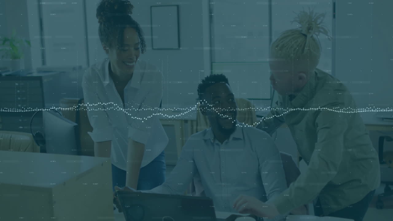 Animation of processing data over diverse male and female colleagues talking at computer in office