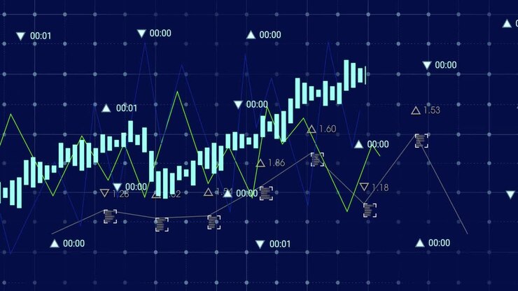Animation of data processing over grid network against blue background