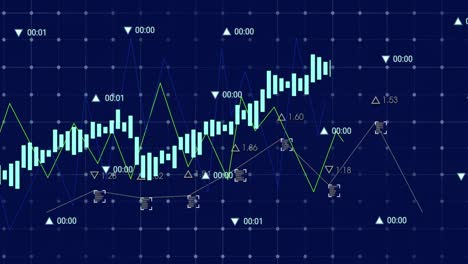 Animation-of-data-processing-over-grid-network-against-blue-background