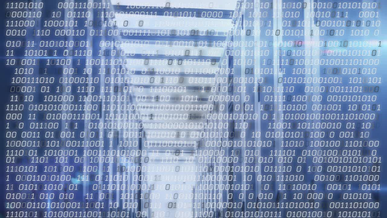 On system boot server aisle showing floating binary digits cascading as data visualization