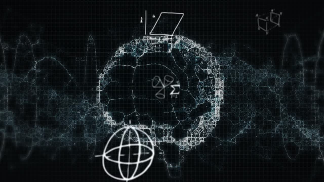 검은색 배경에 뇌 위에 수학 공식의 애니메이션