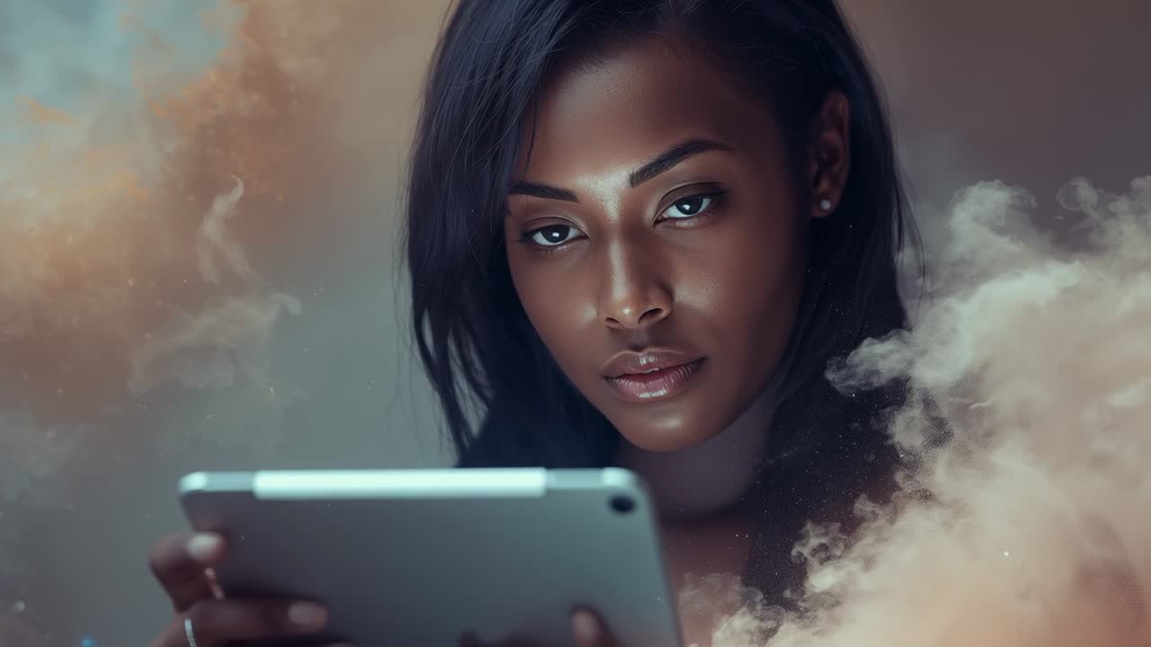 Bringing silver tablet into view, dark-haired woman scrolling screen in studio, comprehending info