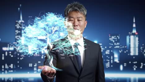 a business professional in a suit demonstrating a futuristic digital tree that represents growth and innovation against a modern city skyline background