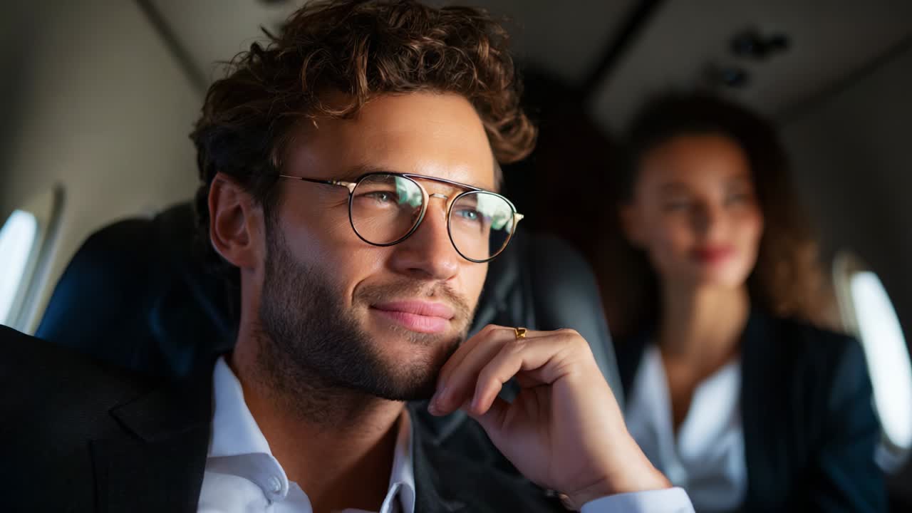 A confident man with glasses sits relaxed inside a private jet, showcasing an expression of contemplation and thoughtfulness, while a woman softly smiles in the background, adding elegance to the luxurious atmosphere