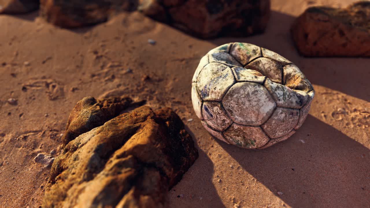 una vieja pelota de fútbol de cuero abandonada en la arena