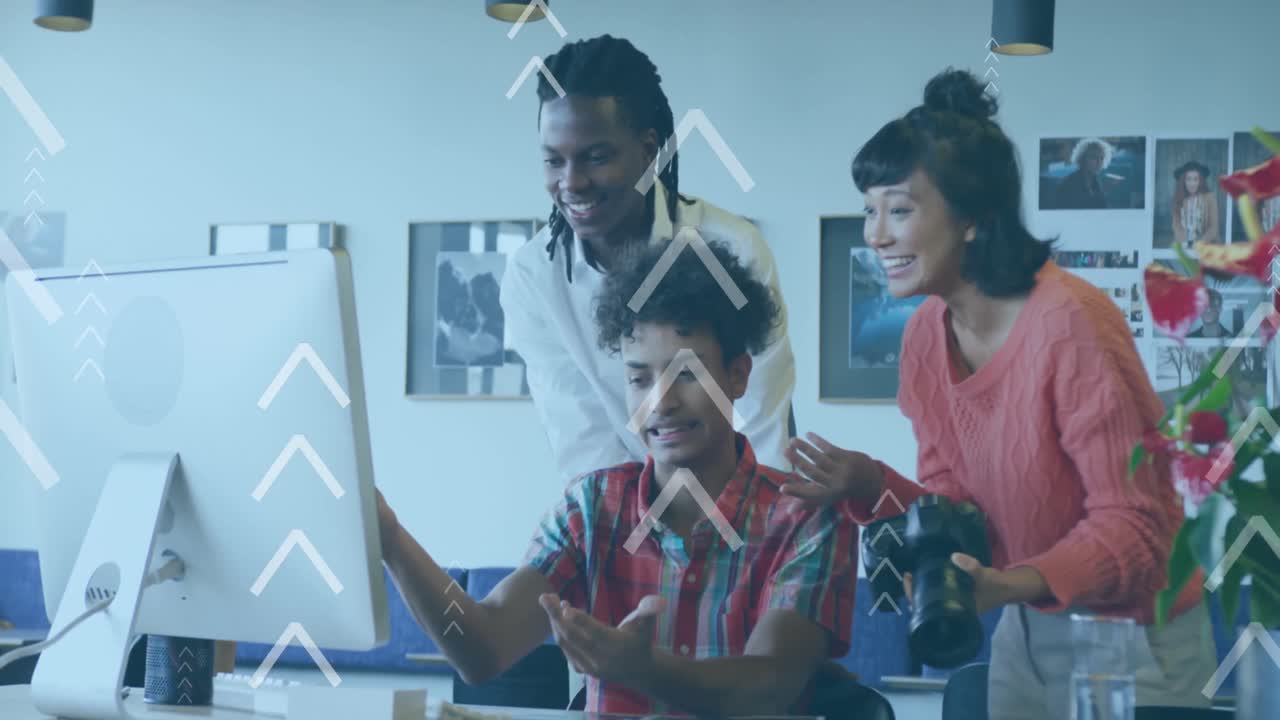 Animation of arrow icons moving upwards against diverse colleagues discussing together at office