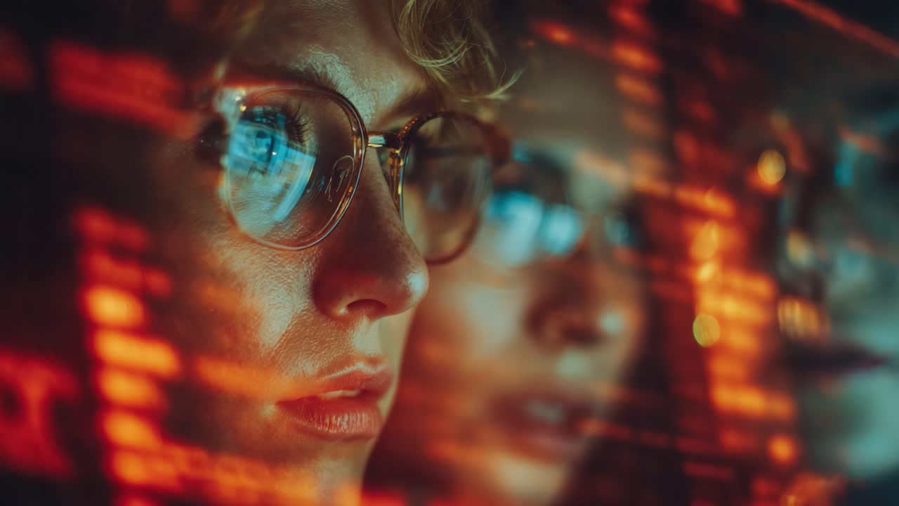 A close-up of a woman's focused expression, reflecting vibrant digital data and light patterns, emphasizing concentration and technology in a modern digital environment