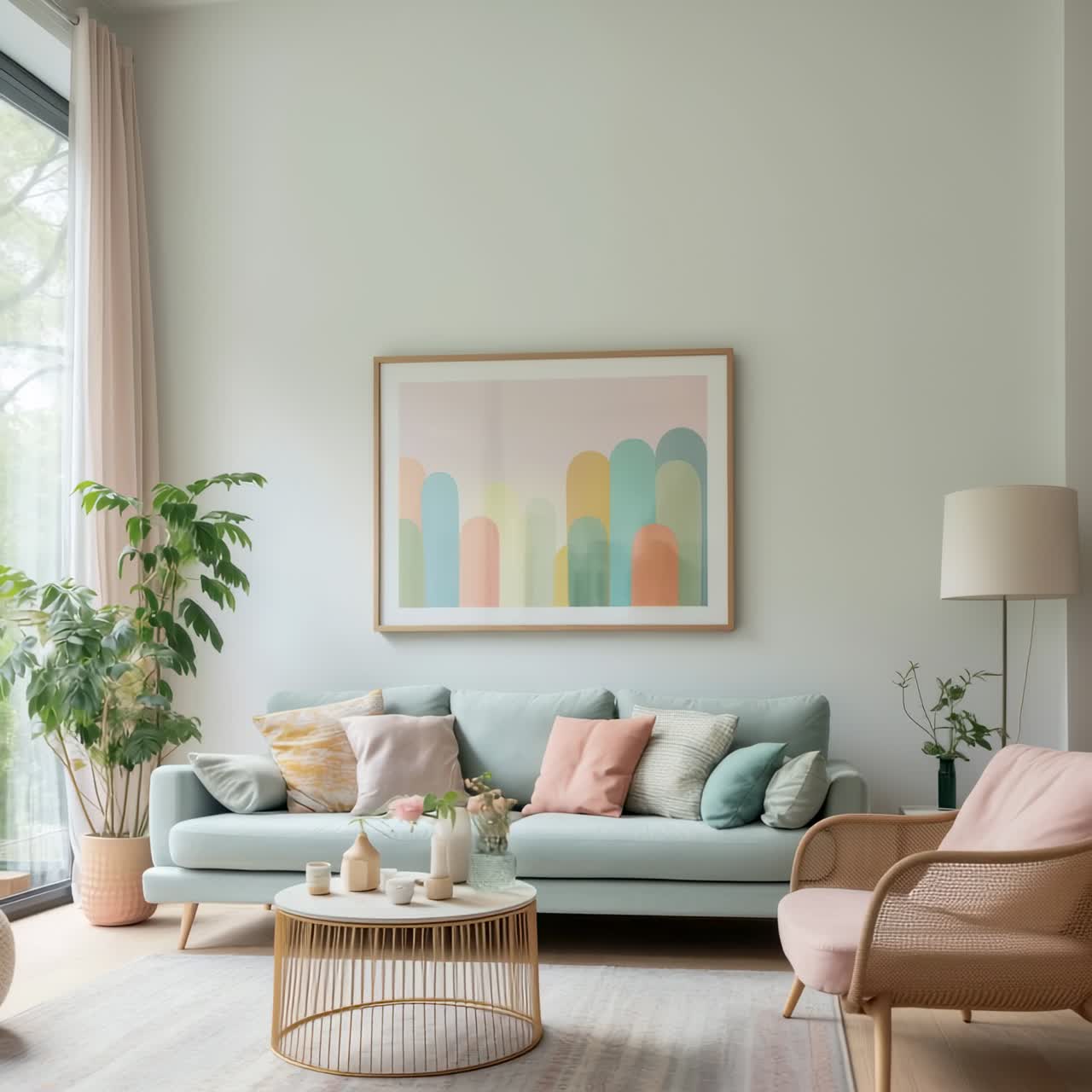 Bright, minimalist living room with pastel decor, captured from a wide-angle lens