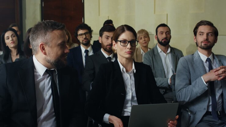 Close-up view of the audience at a business conference listening to the speaker, then caucasian businesswoman rises her hand and asks a question