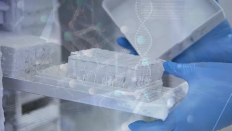 animation of dna strand and data processing over caucasian scientist in lab