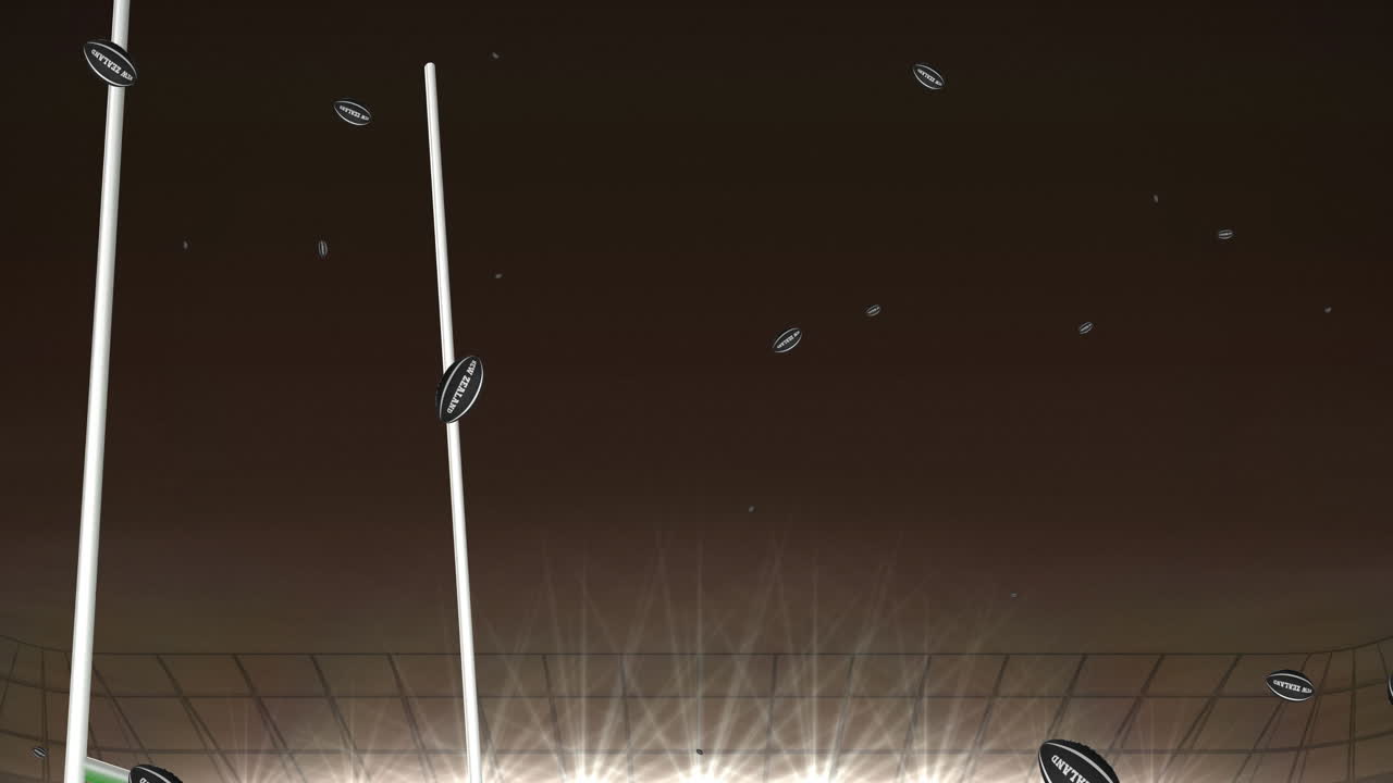 스타디움에서 뉴질랜드 텍스트와 함께 검은 색 럭비 공의 애니메이션