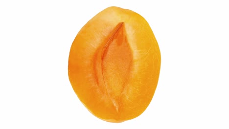 apricot half, without seed, rotating on white background, top view.