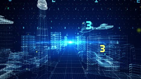Network big data hologram cyber city loop abstract background camera through city center business